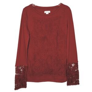 Sundance Traditions Red Lace Overlay Long Sleeve Knit Top XS